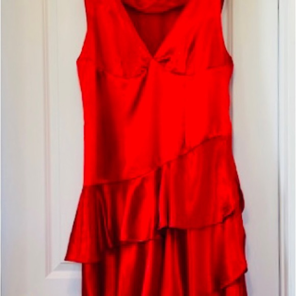DESIGNER Dress Red Satin Layers Party Cowgirl V Neck Zip NEW Sz L - Picture 3 of 13